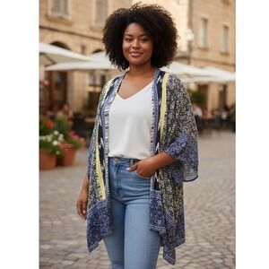 Women's XL Open Kimono Cardigan Blue Yellow Floral‎ Boho Southwestern Eclectic